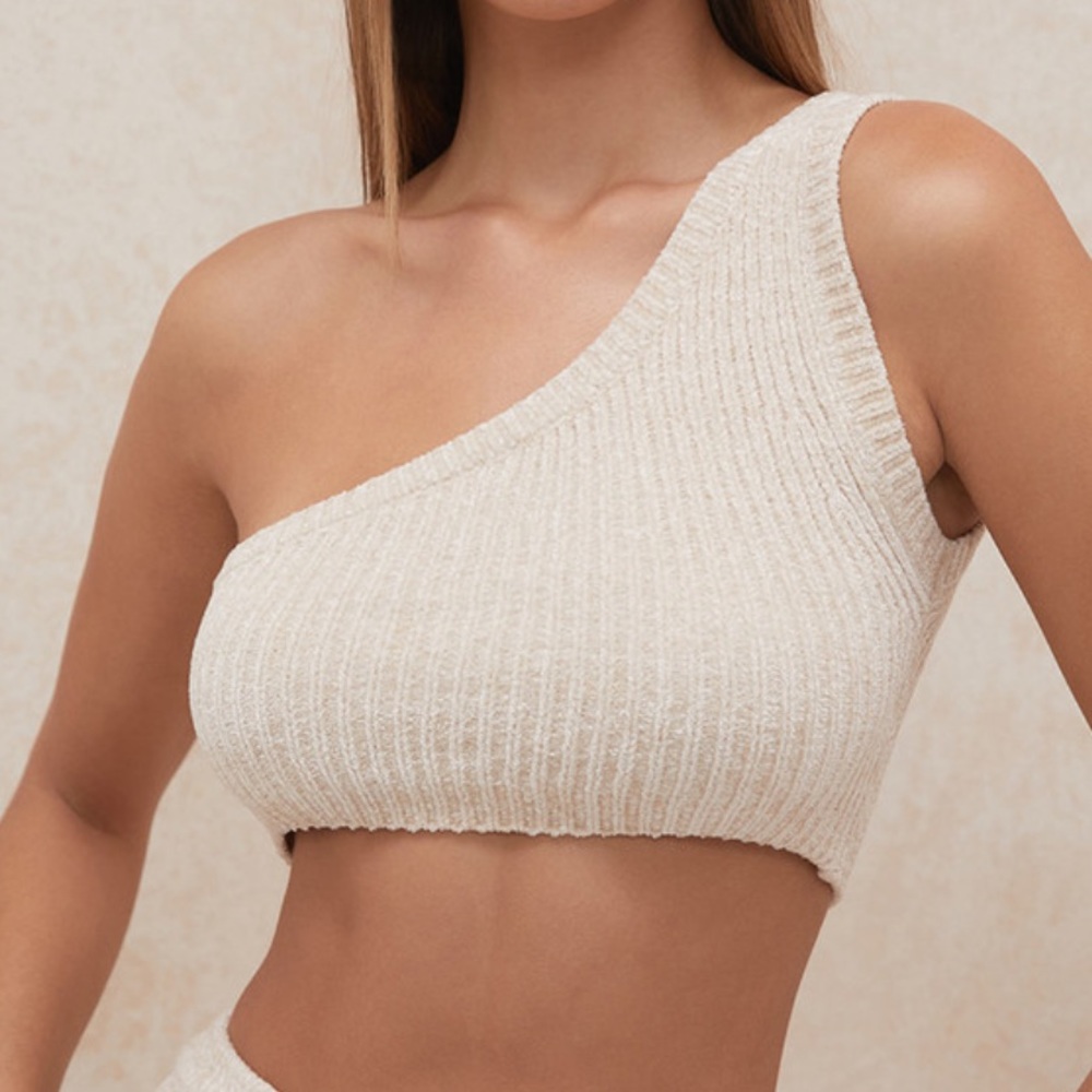 CREAM CHENILLE ONE SHOULDER CROP TOP - XL